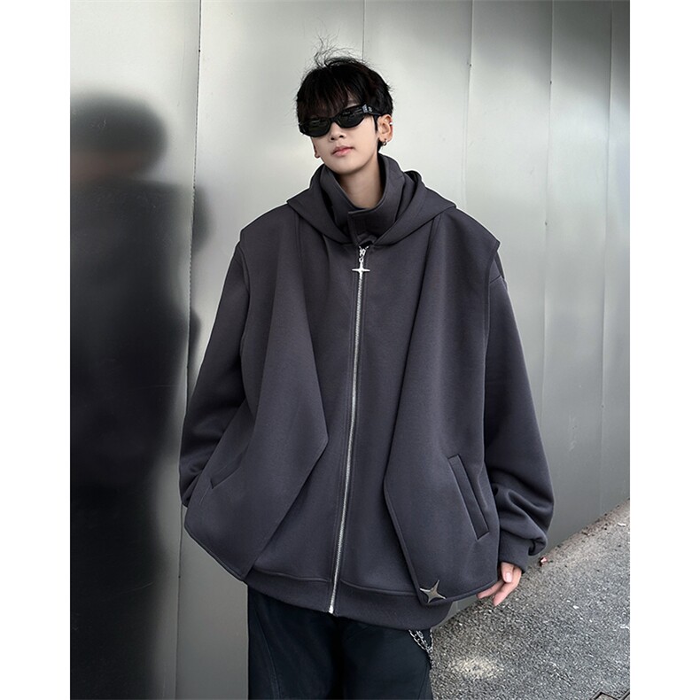 DP9978-P68重磅假两件开衫卫衣男连帽秋冬款廓形美式复古高街外套,男装卫衣,电商C233