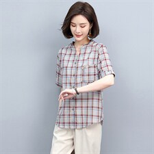 2022年夏季新款短袖衬衣格子衬衫女时尚韩版上衣潮，女装衬衫，忆绮罗