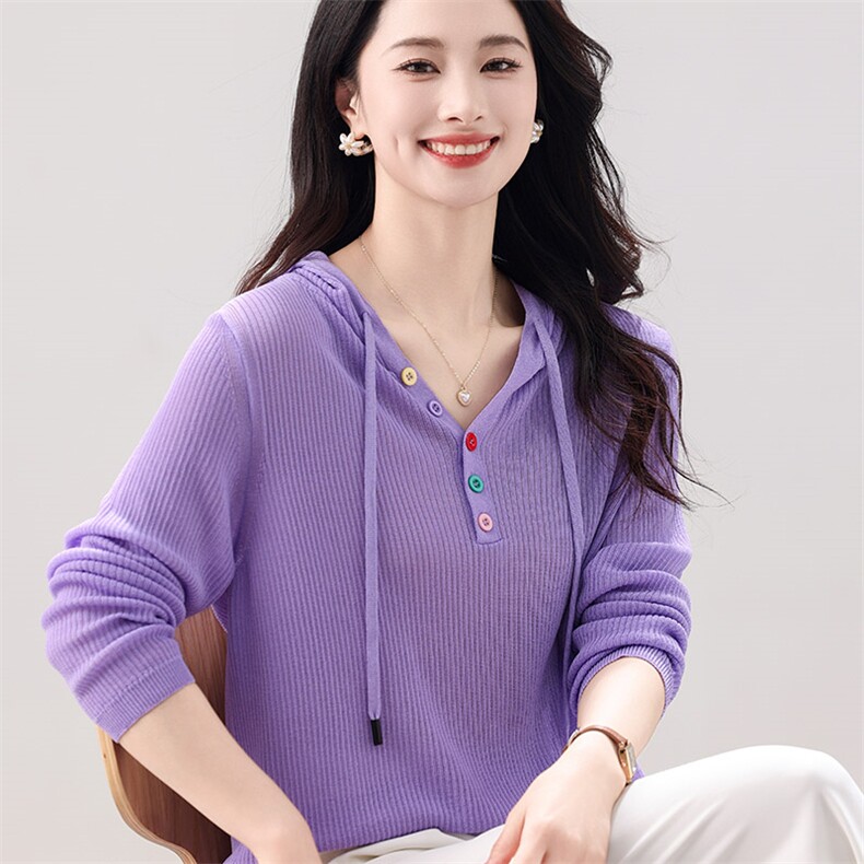 连帽彩扣针织衫女装春夏内搭打底衫新款洋气长袖空调衫上衣,针织衫/毛衣,秋虹羊绒