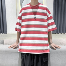 2025夏装港风条纹宽松大码休闲男T恤衫圆领打底上衣D201-DM51-P38，男装T恤，电商D321-1