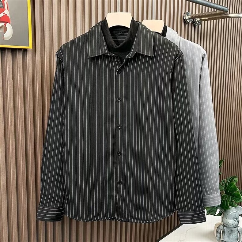 夏季条纹常规宽松型男士高级感假两件衬衫翻领长袖Q803/P45,男装衬衫,星座506B