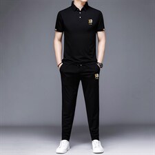 时尚刺绣运动套装男夏季薄款短袖上衣休闲长裤2件套POLO上衣