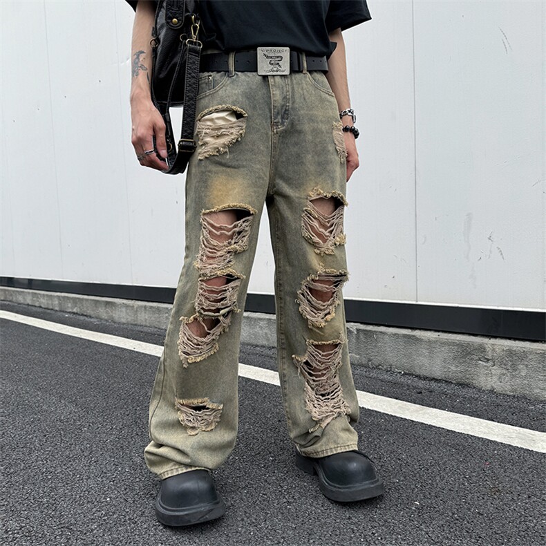 废土风破洞牛仔裤男士款夏季美式复古高街直筒宽松做旧阔腿长裤子,男装牛仔裤,星座410-7