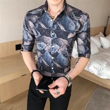 235-P552021新款英伦韩版中袖衬衫个性帅气印花衬衣1，男装衬衫，星座312A