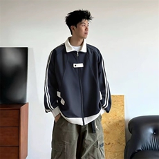 抖音得物品质秋冬美式高街重磅结构拼接织带翻领卫衣夹克外套W113，男装夹克，电商A486-1