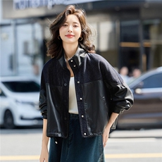 复古时尚立领牛仔拼接皮外套女2025秋季新款时尚百搭短款夹克上衣，女装皮衣，简古