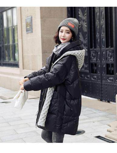 2021冬款新款两件套可拆卸羊毛针织帽90绒中长款羽绒服，女装羽绒服，红雀纺