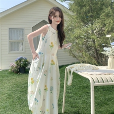 法式复古碎花无袖连衣裙女夏季新款高级感气质收腰显瘦背心长裙子，女装连衣裙，2C159