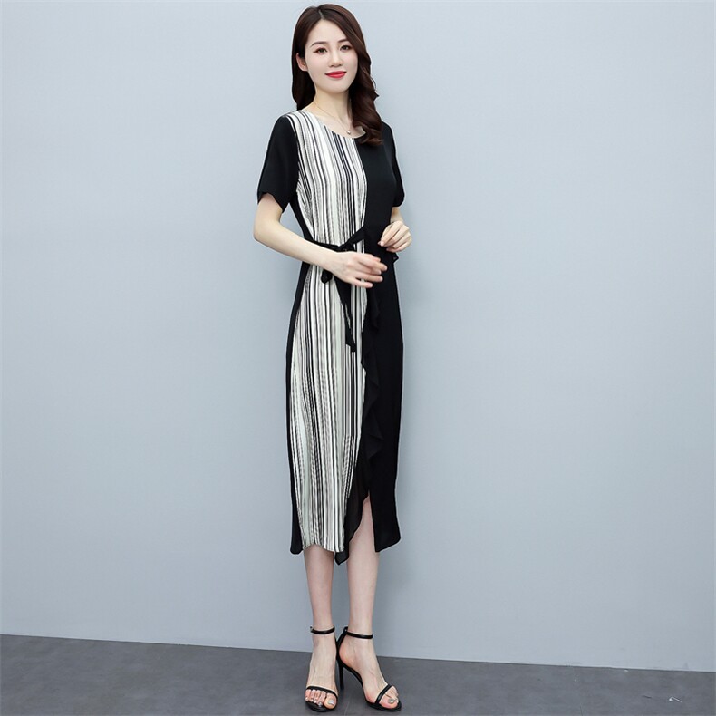 2023夏季新款时尚气质重磅真丝弹力缎拼接不规则洋气连衣裙,女装连衣裙,媚琳依坊