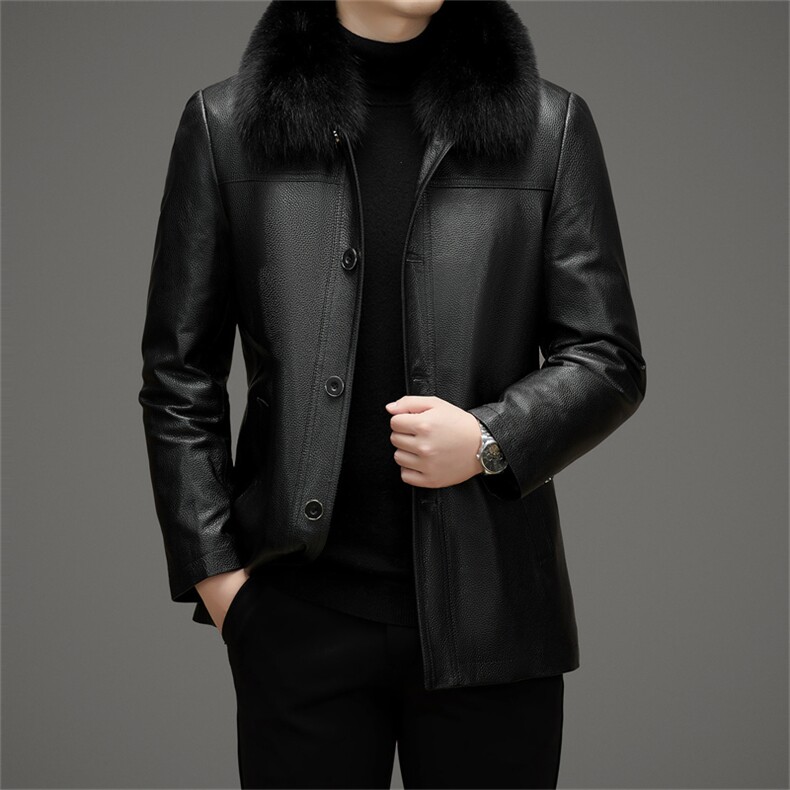 MJ2325冬季狐狸毛领真皮羽绒服男牛皮外套休闲男装爸爸装图片