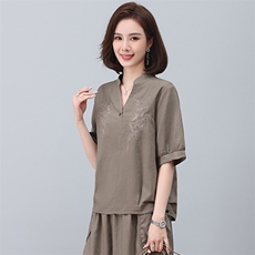 亚麻衬衫女短袖2023年新款夏季刺绣衬衣v领小衫妈妈气质苎麻上衣，女装T恤，忆绮罗