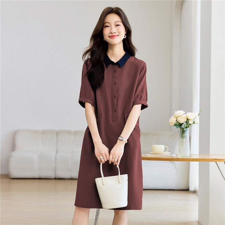 2025年夏季时尚撞色天丝亚麻半开休闲连衣裙,女装连衣裙,依恋蒂丝