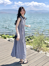 撞色拼接木耳边复古格纹连衣裙女夏2025新款海边度假风过膝长裙子，女装连衣裙，浙宝276（原081）