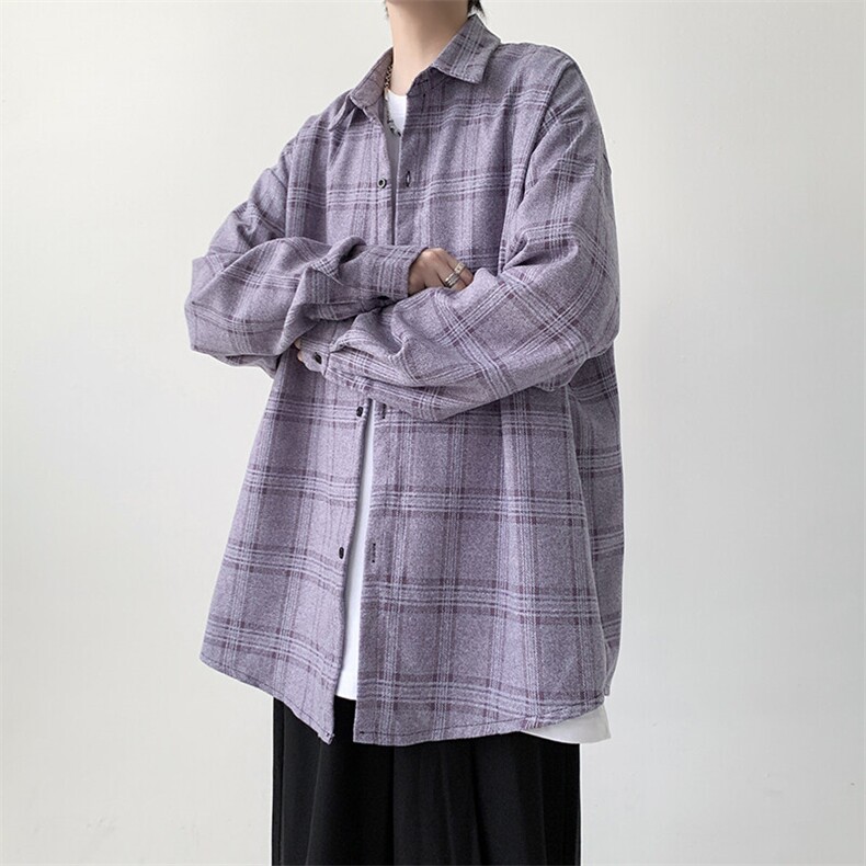 宽松格子衬衫男生紫色衬衣厚款KD622-P30,男装衬衫,电商D312-1