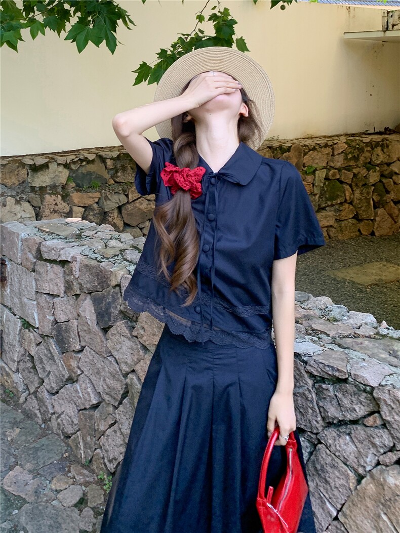 蕾丝拼接娃娃领系带上衣松紧腰半裙学院风套装女,女装套装/套裙,水衣源