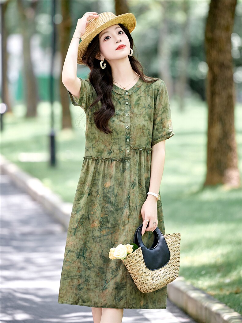 时尚休闲印花连衣裙女2025夏季新款宽松圆领木耳花边减龄碎花裙子,女装连衣裙,木橙西子
