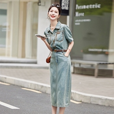 复古牛仔连衣裙女2024夏季新款休闲时尚收腰显瘦薄款衬衫连身裙子，女装连衣裙，瑶迪依秀