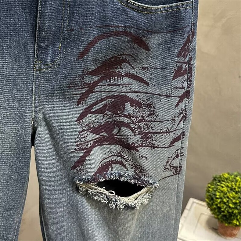 美式复古废土风黄泥牛仔裤情侣炸街直筒宽松设计感破洞长裤子,男装牛仔裤,星座506A