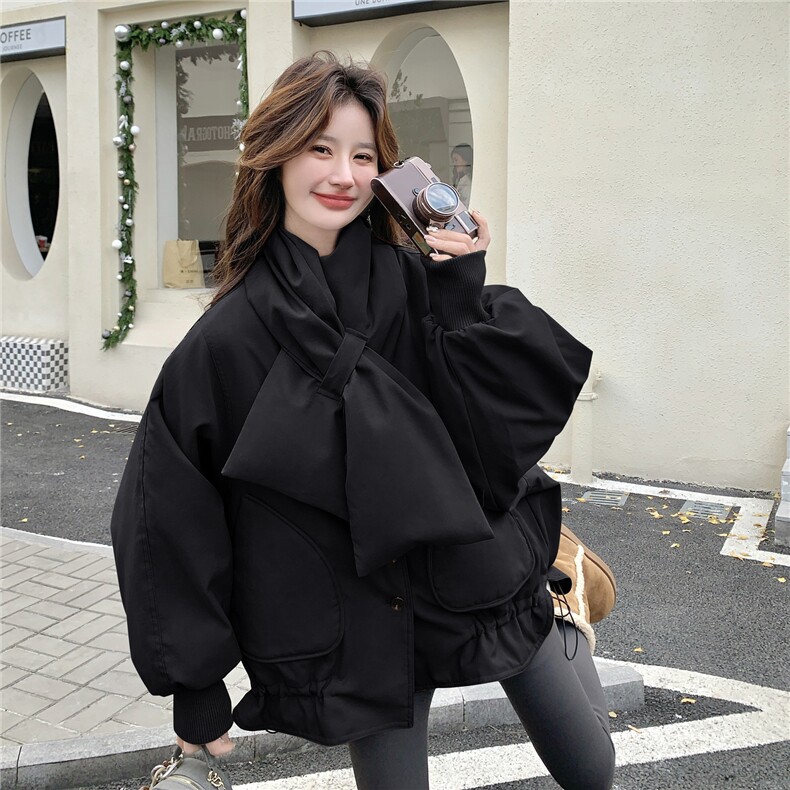 冬日韩系宽松羽绒服配围巾女2026新款设计感小个子大口袋保暖外套,女装羽绒服,2C159