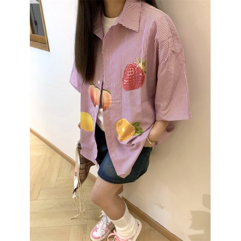 夏季新款水果印花短袖衬衫男女基础翻领外穿休闲宽松运动半袖衬衣,男装衬衫,星座506A
