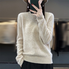 时尚百搭圆领花型羊毛针织衫女秋冬必备保暖毛衣，女装羊毛衫，隆格羊绒