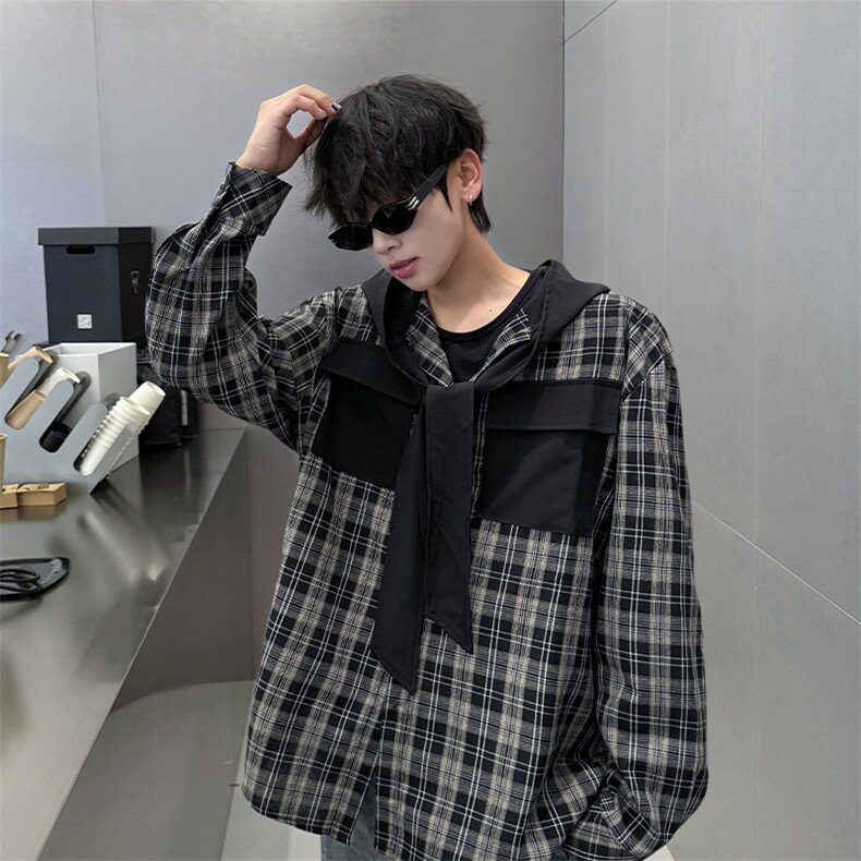 春夏新品原创小众设计感连帽系带长袖衬衫男士拼接格纹长袖衬衣潮,男装衬衫,电商B319
