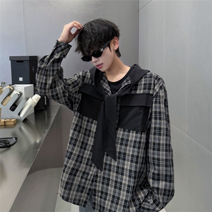 春夏新品原创小众设计感连帽系带长袖衬衫男士拼接格纹长袖衬衣潮图片