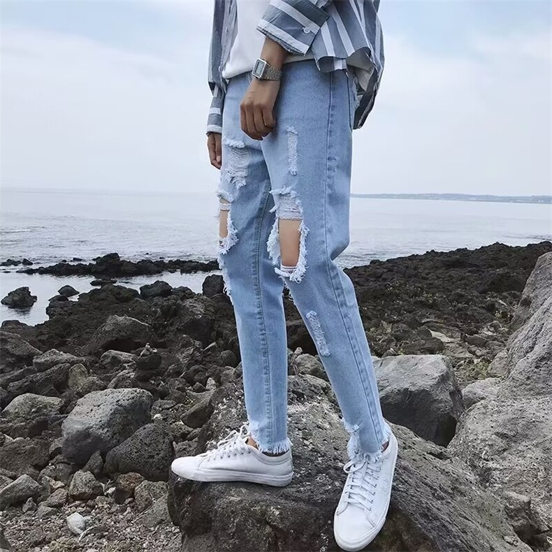 破洞牛仔裤男春季直筒宽松九分裤夏装男士休闲长裤子九分N625,男装牛仔裤,星座1116A-1（原606A）