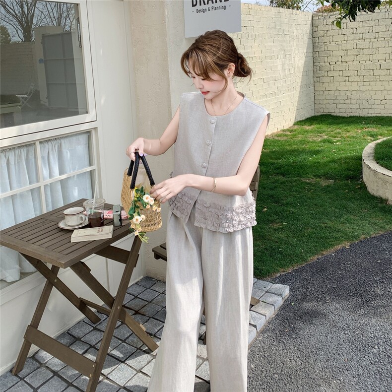 老钱风穿搭时尚木耳边无袖上衣套装女夏新款洋气显瘦阔腿裤两件套,女装套装/套裙,2C258