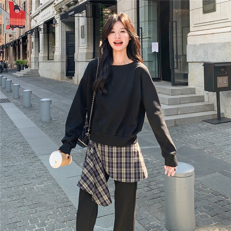 休闲运动穿搭藏蓝色卫衣套装女春秋超火好看高级感阔腿长裤两件套,女装套装/套裙,2C236