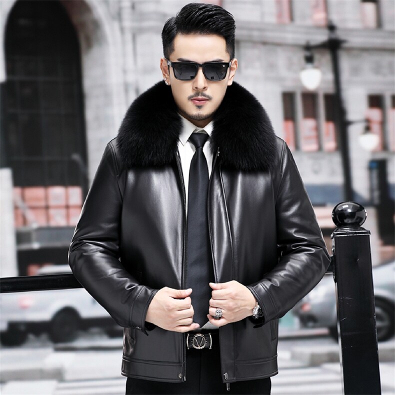 皮衣新款2025男士秋翻领加绒皮夹克皮毛一体狐狸毛领兔毛内胆，男装夹克，星座715-3