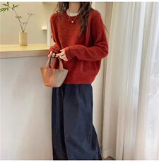 2026年秋季时尚百搭通勤简约休闲小熊提花圆领，女装针织衫/毛衣，米咔羊绒