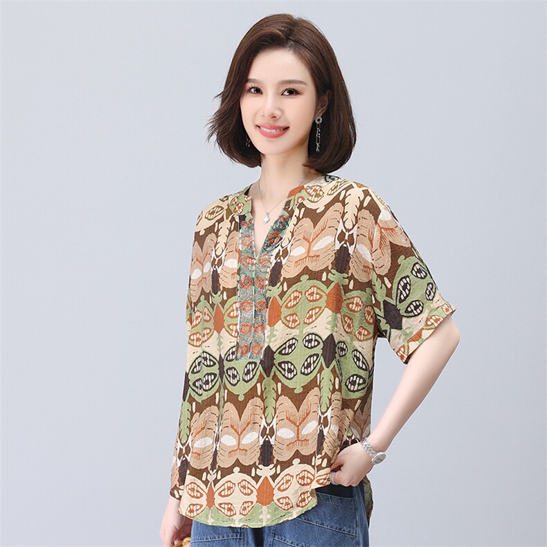 时尚宽松印花镶钻短袖上衣舒适百搭显瘦女装衬衫,女装衬衫,叶笙衣