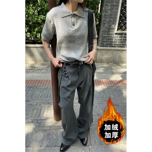 美式复古可调节腰带简约加绒西裤男女直筒cleanfit休闲裤子图片