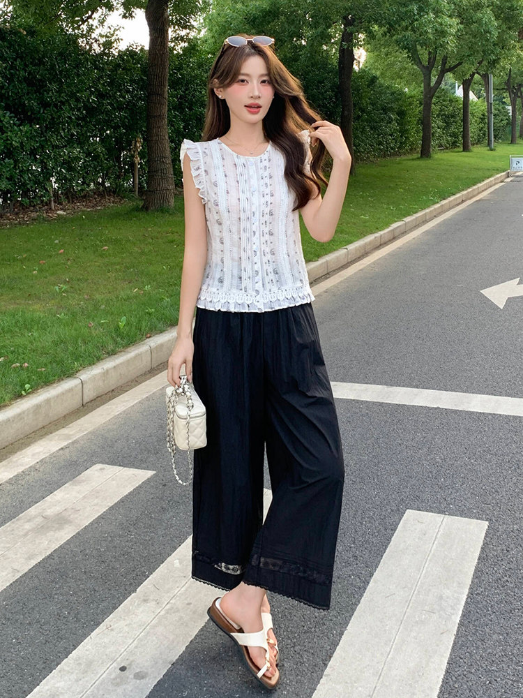 2026夏季新款韩系穿搭一整套轻熟气质无袖上衣宽腿裤两件套,女装套装/套裙,超帛