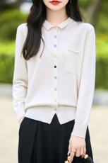 24秋冬100%纯羊毛POLO领针织开衫上衣女气质翻领长袖保暖毛衣外套，女装羊毛衫，暖烁羊绒