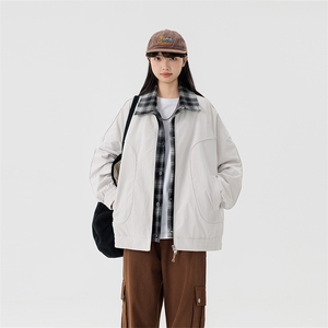 秋冬夹克男假两件工装外套青少年格子拼色上衣GS9073