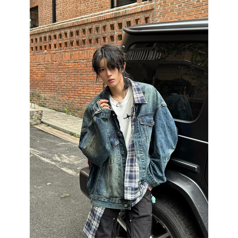 复古格子不规则拼接假两件牛仔外套男春秋季宽松夹克JB19,男装针织衫/毛衣,星座1116A（原606A-3）