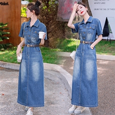 轻奢翻领收腰显瘦高级感舒适棉经典蓝色牛仔长裙连衣裙夏，女装连衣裙，印象茜