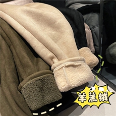 麂皮超厚羊羔绒裤子男款冬季加绒500g重磅卫裤美式防风防寒直筒裤，男装棉衣，星座612