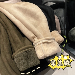 麂皮超厚羊羔绒裤子男款冬季加绒500g重磅卫裤美式防风防寒直筒裤图片