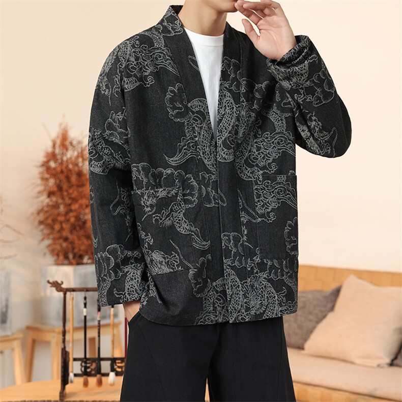 春夏新中式牛仔道袍龙纹唐装日系种风外套汉服开衫H335/P110,男装民族服装,钱塘713