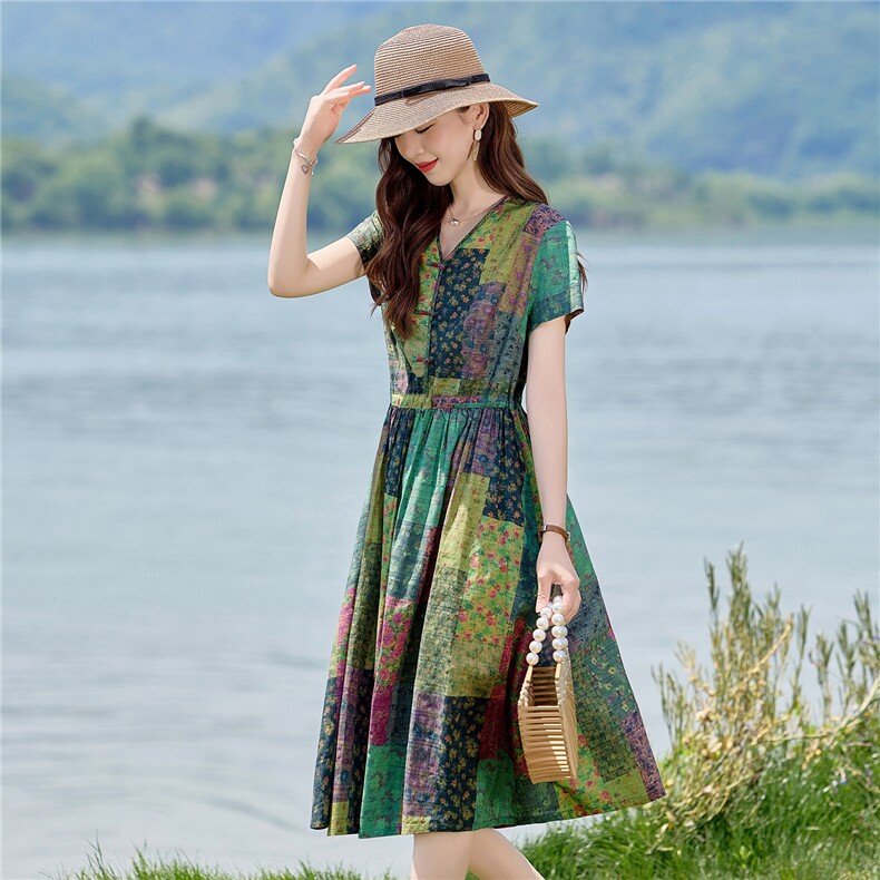 气质棉麻碎花连衣裙2026新款今年流行收腰显瘦夏装巨好看裙子,女装连衣裙,倪叶myz