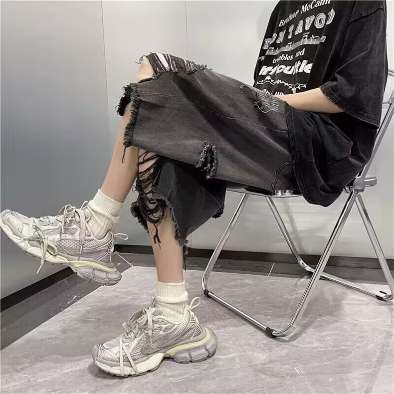 601-P36美式水洗做旧牛仔短裤男女高街复古割破阔腿百搭宽松,男装牛仔裤,电商B323A