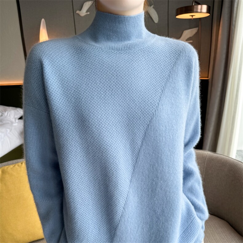 2025冬季100%纯羊毛衫女半高领提花加厚宽松羊绒衫针织打底衫毛衣,女装羊毛衫,迅太羊绒
