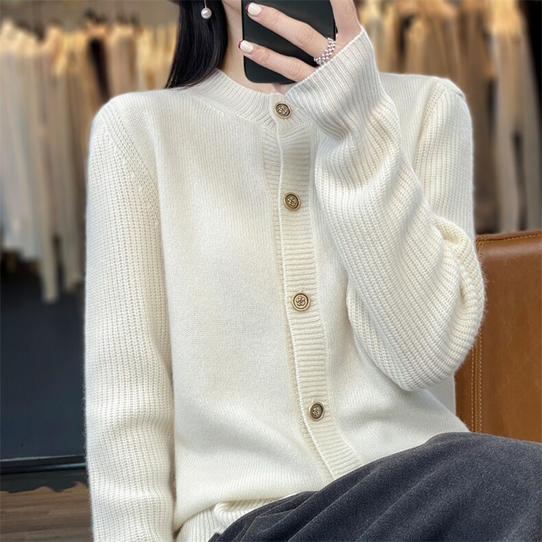 时尚百搭宽松显瘦羊毛开衫女秋冬新款韩版简约纯色针织衫外套,女装羊毛衫,绒迪羊绒