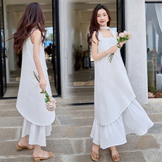 方领不规则假两件连衣裙女中长款2025春季超仙棉麻无袖背心长裙，女装连衣裙，难舍钰依