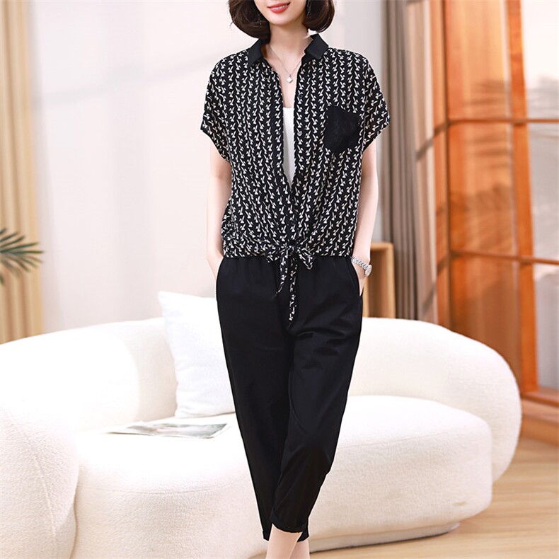 2023夏装新款衬衫领打结上衣两件套,女装套装/套裙,梦芯尔