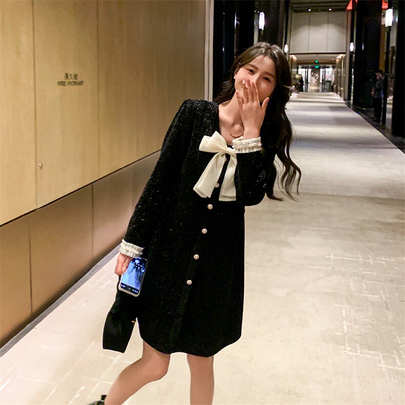 春装现货洋气减龄蝴蝶结赫本风小黑裙2906P125K188,女装连衣裙,2C029