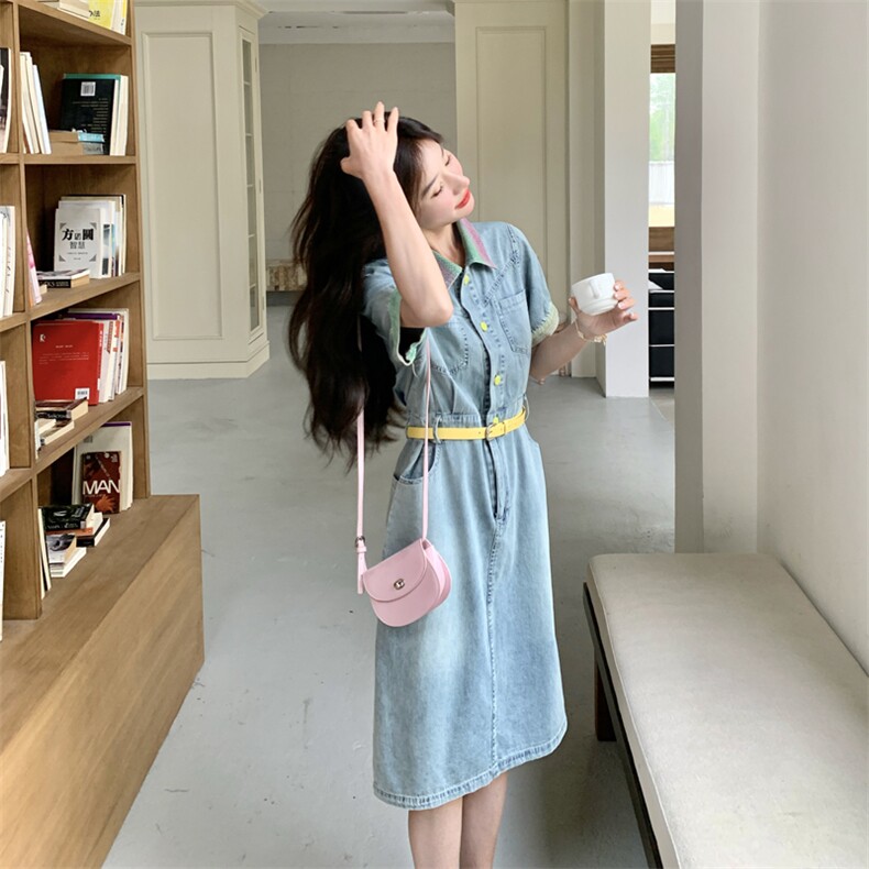 渐变翻领牛仔连衣裙女夏2025新款收腰显瘦气质小个子甜美爆款流行,女装连衣裙,2C266